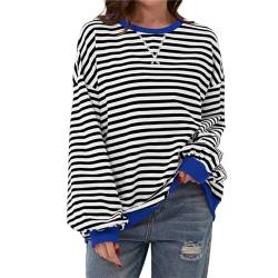 Lenugeo Dünne Gestreift Sweatshirt Damen Oversized Striped Shirt Casual T-Shirt Pullover Rundhals Langärmelig Lässig Lose Sweatshirt Y2K Shirt Top|Schwarz-Weiß,M von Lenugeo