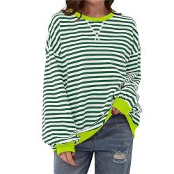 Lenugeo Gestreift Sweatshirt Damen Oversized Striped Shirt Casual T-Shirt Pullover Rundhals Langärmelig Lässig Lose Sweatshirt Y2K Shirt Top|Grün-Weiß,L von Lenugeo