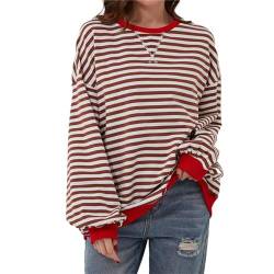 Lenugeo Gestreift Sweatshirt Damen Oversized Striped Shirt Casual T-Shirt Pullover Rundhals Langärmelig Lässig Lose Sweatshirt Y2K Shirt Top|Kaffee-Weiß,L von Lenugeo