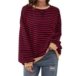 Lenugeo Gestreift Sweatshirt Damen Oversized Striped Shirt Casual T-Shirt Pullover Rundhals Langärmelig Lässig Lose Sweatshirt Y2K Shirt Top|Rot-Schwarz,M von Lenugeo