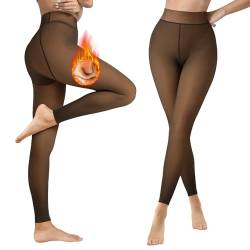 Lenugeo Thermo Strumpfhose Für Damen, Gefütterte Fake Transparente Thermostrumpfhose, Herbst Winter Warme Leggings Dünnes Fleece | 200g C-Braun S/M von Lenugeo