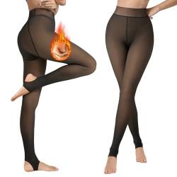 Lenugeo Thermo Strumpfhose Für Damen, Gefütterte Fake Transparente Thermostrumpfhose Große Größen, Winter Warme Leggings Dickes Fleece | 300g B-Schwarz Plus size L/XL von Lenugeo