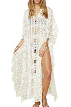 LeofL Damen-Kaftan mit Spitze, lang, Maxi-Strandkleid, Bademantel, Nachthemd, Kleid über Badeanzug, G Weiß, One Size von LeofL