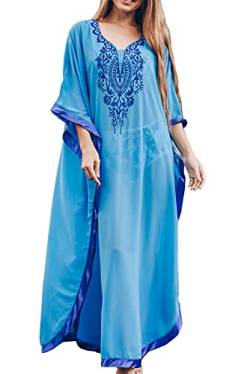 LeofL Frauen Sommer Stickerei Kaftan Boho Bademantel Nachthemd Kimono Badeanzug Cover Ups, G Blau, One size von LeofL