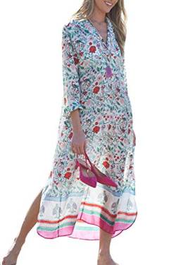 LeofL Langes fließendes Boho-Strandkleid für Damen, Kaftan, Kimono, Maxi-Bademantel, Nachthemd, Badeanzug, D White Flower, Einheitsgröße von LeofL