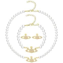3 Stück Perlenkette Damen Armband Ohrringe, Künstliche Saturn Kette, Damen Perlen Kette, Mode und Einfache Legierung Planet Kette Perlenkette mit Anhänger, Geschenk für Mädchen, Frau, Liebhaber von Leonshco