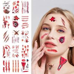 Halloween Tattoo Narben Aufkleber, 30 Blatt Halloween Kostüm Damen Schminke Accessoires, Wasserfeste Halloween Tattoos, Halloween Narben Aufkleber für Horror-Party-Maskerade-Dekoration usw (A) von Leonshco