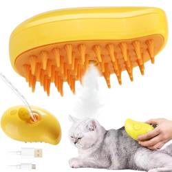 Leonshco Steamy Brush Katze, 3-in-1-Katzen Dampfbürste Katzenbürste mit Dampf Hundebürste, Selbstreinigende Cat Brush, Spray-Massagekamm für Haustiere, Katzen Hunde-Tierhaarentfernungskamm (Gelb) von Leonshco