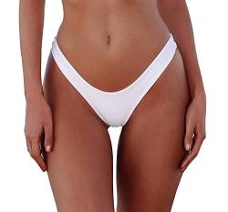 Damen Sexy Frecher brasilianischer Schnitt Bikinihose Solid Niedrige Leibhöhe Hohe Bein Tanga Badeanzug Unterteil, Weiss/opulenter Garten, Large von Leoparts