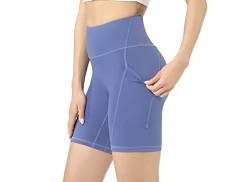 Leovqn Damen Kurze Sporthose mit Taschen Hohe Taille Radlerhose Blickdicht Laufshorts Yoga Kurz Leggings Blau XL von Leovqn