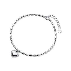 LerijN Armband Silber,Sterling Silber Armband Für Damen Vintage S925 Silber Perlenarmband Armreif Verstellbare Herz Charm Armbänder Schmuck Geschenke Für Frauen von LerijN