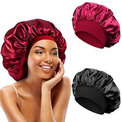 Lerkely 2 weiche Damen-Schlafmützen, Nachtmütze, Satin, elastisch, wiederverwendbar, Schlafmütze, aus Satin, lose und Enge für Haarpflege, Make-up, 2 Stück (Red + Black) von Lerkely
