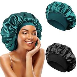 Lerkely 2 weiche Damen-Schlafmützen, Nachtmütze, Satin, elastisch, wiederverwendbar, Schlafmütze, aus Satin, lose und enge für Haarpflege, Make-up, 2 Stück (Schwarz + Grün) von Lerkely