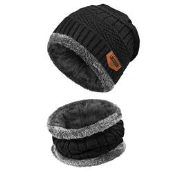 Lerkely Wintermütze Strickmütze, Warme Mütze Kreis Schal Set, Winter Set Beanie und Loopschal 2-in-1 mit Pelzbommel, für Männer Frauen(Schwarz) von Lerkely