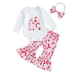 Baby Mädchen Valentinstag Bekleidungsset Valentinstag Outfit Langarm Rundhalsausschnitt Briefdruck Strampler Sweatshit+Rosa Herzmuster Schlaghosen+Strinband Valentinstag Outfits Set Streetwear von Lerrita