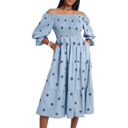 Damen Blumenstickerei Maxi Kleid Lange Puffärmel Quadratischer Ausschnitt GeStuftes Bohemian Kleid Gesmoktes Flowy Kleid 3D Blumen Maxikleid Sommer Boho Freizeitkleid Loose Rückenfrei Strand Kleid von Lerrita