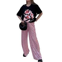 Damen Glitzer Pailletten Hosen Glänzend Weites Bein Hohe Taillen Hosen Dehnbar Hip Hop Club Paillettenhosen Baggy Bling Sparkly Hosen Streetwear Lose Lässige Funkelnde Hosen für Arbeit Büro Club von Lerrita