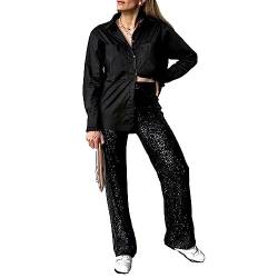 Damen Glitzer Pailletten Hosen Glänzend Weites Bein Hohe Taillen Hosen Dehnbar Hip Hop Club Paillettenhosen Baggy Bling Sparkly Hosen Streetwear Lose Lässige Funkelnde Hosen für Arbeit Büro Club von Lerrita