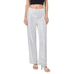 Damen Glitzer Pailletten Hosen Glänzend Weites Bein Hohe Taillen Hosen Dehnbar Hip Hop Club Paillettenhosen Baggy Bling Sparkly Hosen Streetwear Lose Lässige Funkelnde Hosen für Arbeit Büro Club von Lerrita