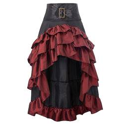 Damen Gothic Steampunk Rock Renaissance Style Hoch-Tief Gürtel Rock Viktorianischer Rock Cosplay Kostüm Halloween Hexen Rock Mittelalterlicher Vintage-Rock (4XL, Rot, XXXXL) von Lerrita