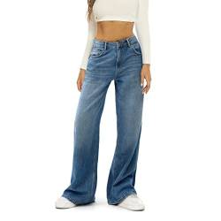 Damen Jeans Mode Weites Bein Hosen Casual Party Street Solide Farbe Hohe Taille Lose Jeans Mit Seitentaschen Hohe Taille Jeans Mode Streetwear Damen Freizeithose (Blue, L) von Lerrita