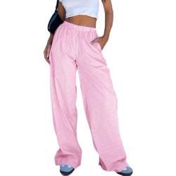 Damen Y2K Gestreifte Leinenhosen Lockere Freizeithose Karierte Palazzohose Mit Elastischer Taillen Lässig Weites Bein Pyjamashosen Lounge-Pants Bequeme Kordelzug Hosen Casual Schlafhose Streetwear von Lerrita