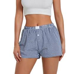 Damen Y2K Karierte Kurze Hosen Shorts mit elastischer Taille Knopfleiste vorne Lounge-Shorts Leinen Gummiband Shorts Lockere Freizeit Kurze Hosen Gingham-Boxershorts Sommer Pyjama-Shorts Streetwear von Lerrita