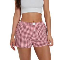 Damen Y2K Karierte Kurze Hosen Shorts mit elastischer Taille Knopfleiste vorne Lounge-Shorts Leinen Gummiband Shorts Lockere Freizeit Kurze Hosen Gingham-Boxershorts Sommer Pyjama-Shorts Streetwear von Lerrita