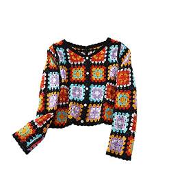 Damen Y2k Häkelpullover Ausgehöhltes Blumen Crop Tops Gehäkeltes Vintage Bunten Cardigan Sommer Boho Strickjacke Hohlstrick Strand Bikini Cover Up Langarm V-Auschnitt Strickjacke Mit Knopfleiste von Lerrita