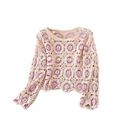 Damen Y2k Häkelpullover Ausgehöhltes Blumen Crop Tops Gehäkeltes Vintage Bunten Cardigan Sommer Boho Strickjacke Hohlstrick Strand Bikini Cover Up Langarm V-Auschnitt Strickjacke Mit Knopfleiste von Lerrita