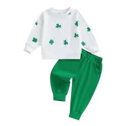 Lerrita Baby Unisex St.-Patrick's Day Outfit 2/3 Teiliges St. Patrick's Hosen Set Langarm Shamrock Kleeblatt Muster Sweatshirt +Kordelzug Hosen+Strinband Baby St.-Patrick's Bekleidungsset Streetwear von Lerrita