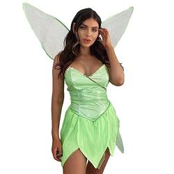 Lerrita Damen Fee Kostüm Halloween Elfe Cosplay Waldfee Prinzessin Kleid Sexy Einfarbig Pailletten Tube Top Frauen Waldfee Cosplay Kleid mit Flügeln Tinkerbell Kostüm Waldelfe Kleid von Lerrita