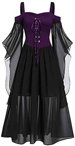 Lerrita Damen Halloween Kostüm Kleid Mittelalter Kleid Damen Übergröße Mesh Gothic Maxikleid Schulterfrei Schnürkleid mit Schmetterlingsärmeln Renaissance Cosplay Kleid Halloween Paryskleid von Lerrita