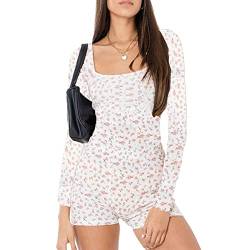 Lerrita Damen Kurzer Bodysuit Langarm V-Ausschnitt Jumpsuit Mit Knopf Strampler Mit Kapuze 90s Vintage Blumen Druck Spielanzug Y2K Streetwear Mode Stretch Gestrickter Einteiler Body Slim Fit Playsuit von Lerrita