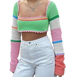 Lerrita Damen Sommer Strickwaren Y2k Strickwaren Hohlstrick Crop Tops Bunte Farbe Tank Tops Langarm Strick Häkel Top Farbeblock Square Oberteile Sommer Streetwear von Lerrita