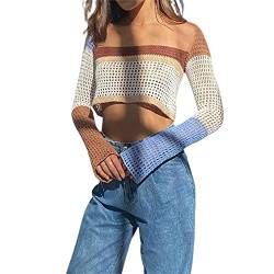 Lerrita Damen Sommer Strickwaren Y2k Strickwaren Hohlstrick Crop Tops Bunte Farbe Tank Tops Langarm Strick Häkel Top Farbeblock Square Oberteile Sommer Streetwear von Lerrita