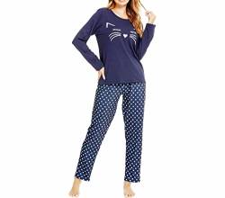 Les-Theresa Damen-Pyjama-Set, 2-teilig, bequem, weich, Baumwolle, Loungewear, Nachthemd-Set, Blaue bedruckte Katze, 36 von Les-Theresa