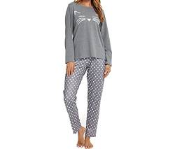 Les-Theresa Damen-Pyjama-Set, 2-teilig, bequem, weich, Baumwolle, Loungewear, Nachthemd-Set, Grau Bedruckte Katze, 36 von Les-Theresa