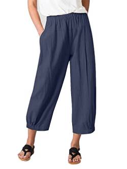 Les umes Damen Baumwolle Casual Cpri Hose Elastische Taille Lose Hose Yogahose mit Taschen Blau L von Les umes