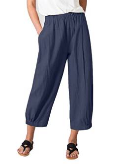 Les umes Damen Baumwolle Casual Cpri Hose Elastische Taille Lose Hose Yogahose mit Taschen Blau XL von Les umes