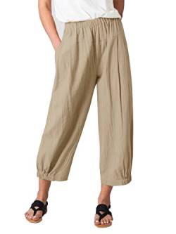 Les umes Damen Baumwolle Casual Cpri Hose Elastische Taille Lose Hose Yogahose mit Taschen Khaki 2XL von Les umes