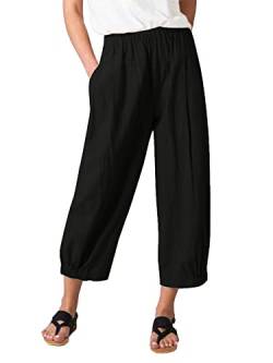 Les umes Damen Baumwolle Casual Cpri Hose Elastische Taille Lose Hose Yogahose mit Taschen Schwarz XL von Les umes
