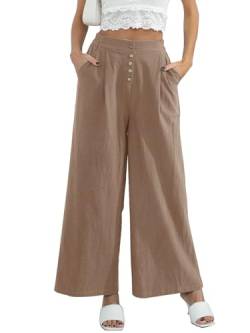 Les umes Damen Baumwolle Leinen Lange Hosen Einfarbige geknöpfte Hosen mit hoher Taille Weite Lässige Hosen für Frauen Dunkles Khaki L von Les umes