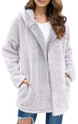 Les umes Damen-Fleece-Kapuzenmantel mit Reißverschluss, weicher Kapuzen-Cardigan, flauschiger Winterjackenmantel mit Tasche Grau S von Les umes