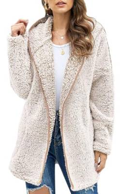 Les umes Damen-Fleece-Kapuzenmantel mit Reißverschluss, weicher Kapuzen-Cardigan, flauschiger Winterjackenmantel mit Tasche Khaki L von Les umes