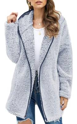 Les umes Damen-Fleece-Kapuzenmantel mit Reißverschluss, weicher Kapuzen-Cardigan, flauschiger Winterjackenmantel mit Tasche Marineblau XL von Les umes