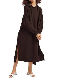 Les umes Damen Langarm Pullover Maxi Hoodie Kleid Split Side Slim Sweatkleid Langes Kleid mit Taschen Braun XL von Les umes