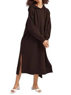 Les umes Damen Langarm Pullover Maxi Hoodie Kleid Split Side Slim Sweatkleid Langes Kleid mit Taschen Braun XXL von Les umes