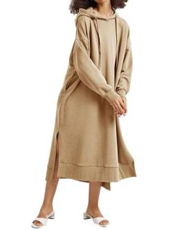 Les umes Damen Langarm Pullover Maxi Hoodie Kleid Split Side Slim Sweatkleid Langes Kleid mit Taschen Khaki M von Les umes