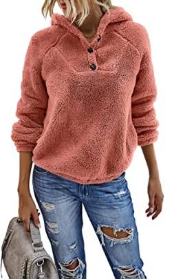 Les umes Damen Pullover Fuzzy Fleece Button Sweatshirt Warme Mäntel Lose Hoodies mit Tasche Hellrosa M von Les umes